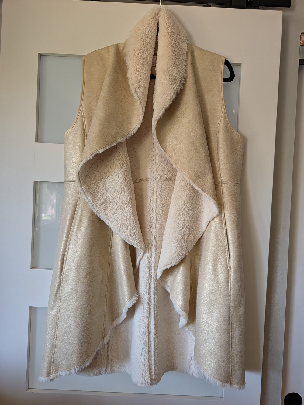 Eliza J Shimmery Champagne Cream Faux-Shearling Drape Vest